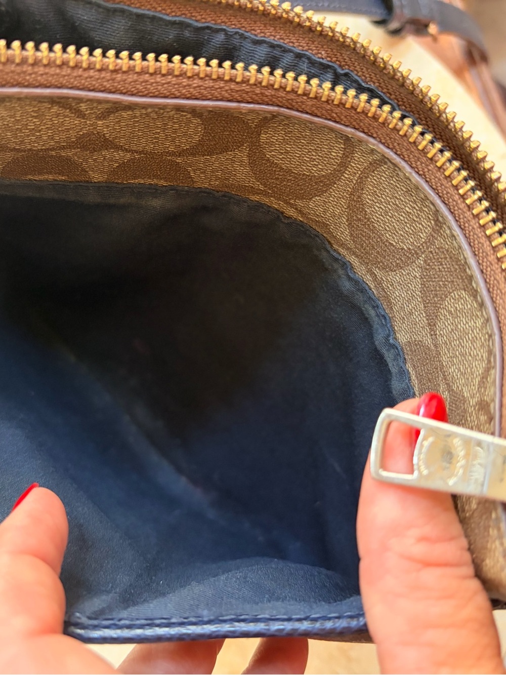 COACH Brown Signature Canvas Crossbody with NAVY Center Stripe - Picture 10 of 12